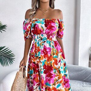 Ruffled Hem Smocked Floral Short Sleeve Midi Dress